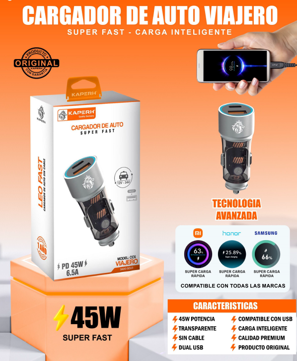 CARGADOR DE AUTO VIAJE SUPER FAST- CARGA INTELIGENTE